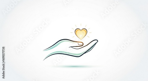 A stylized line drawing of an open hand gently holding a glowing golden heart, symbolizing care, love, and compassion.