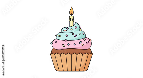 Cartoon Birthday Cupcake with Lit Candle and Sprinkles.