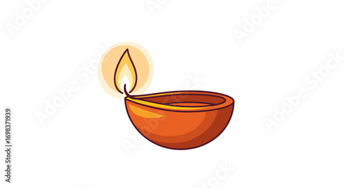 Lit Diwali Oil Lamp with Flame Traditional Hindu Decoration.