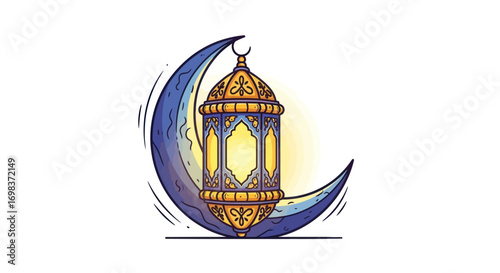 Watercolor Illustration of Lantern and Crescent Moon Symbol.