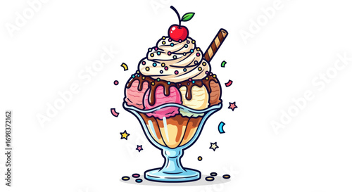 Delicious Ice Cream Sundae with Whipped Cream Cherry and Wafer Stick.