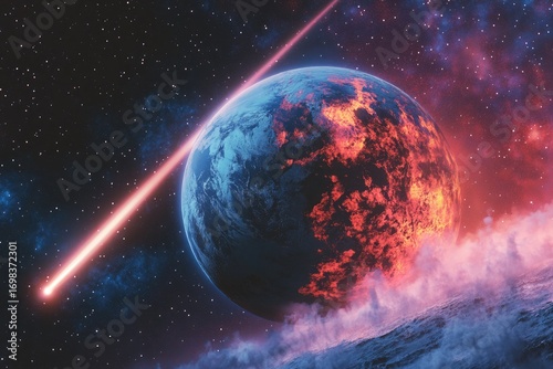 A blue and red planet with a dark atmosphere, a light beam coming from the left side of the scene, a starry sky, a view looking up at the Earth, a close-up, cinematic