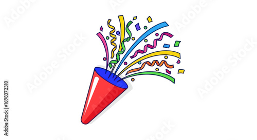 Colorful Party Popper Bursting with Confetti and Streamers Illustration.