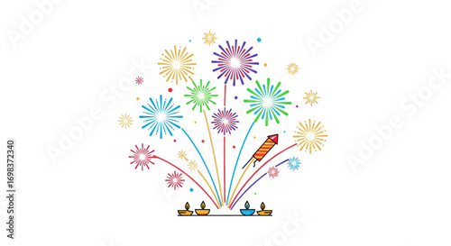 Colorful Fireworks Display in Cartoon Style.