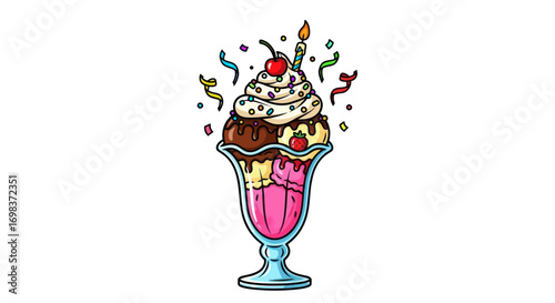 Colorful Cartoon Ice Cream Sundae with Candle and Confetti.
