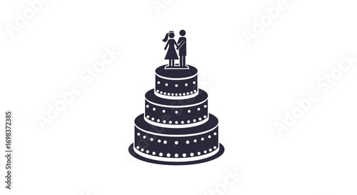 Simple Silhouette of a Three-Tiered Wedding Cake with Figurines.
