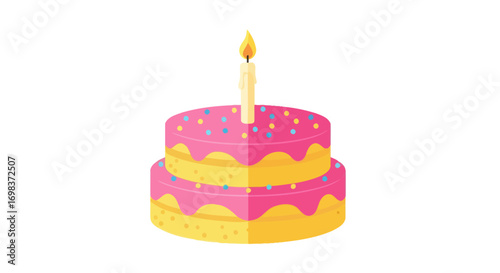 Two-Tiered Birthday Cake with Pink Frosting and a Lit Candle.