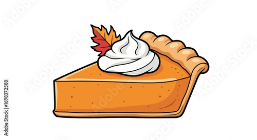 Delicious slice of pumpkin pie with whipped cream and autumn leaf illustration.