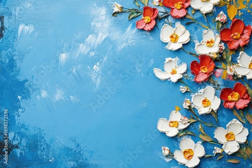 A blue background with small red, white, and yellow flowers on the edges of the canvas, creating an elegant floral border for a photography backdrop.