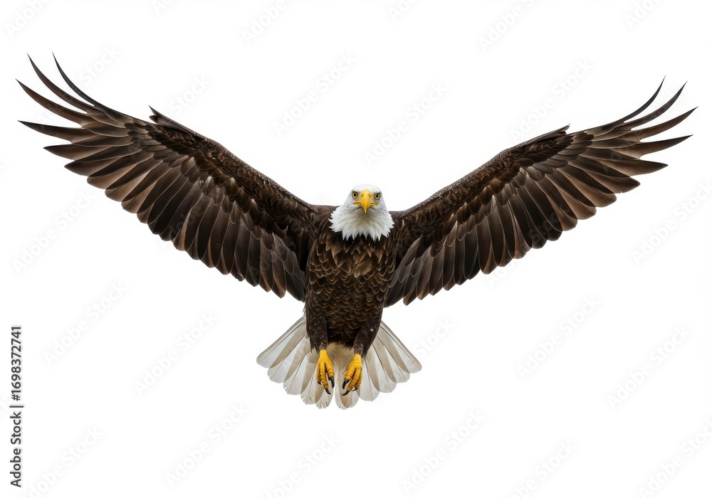 Naklejka premium Majestic bald eagle in mid-flight, wings outstretched against a plain white background.