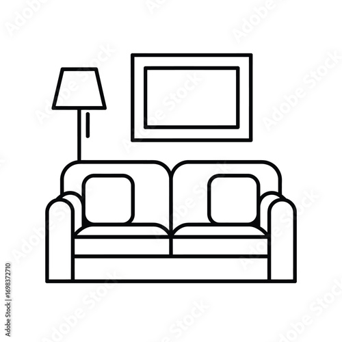 Modern living room sofa lamp and artwork simple line art vector illustration silhouette vector illustration white background