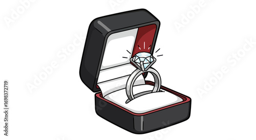 Elegant Diamond Engagement Ring Displayed in Black Gift Box.