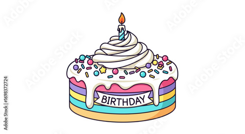 Festive Rainbow Layered Birthday Cake with Candle.