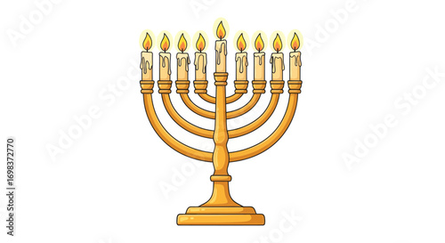 Golden Hanukkah Menorah with Lit Candles.