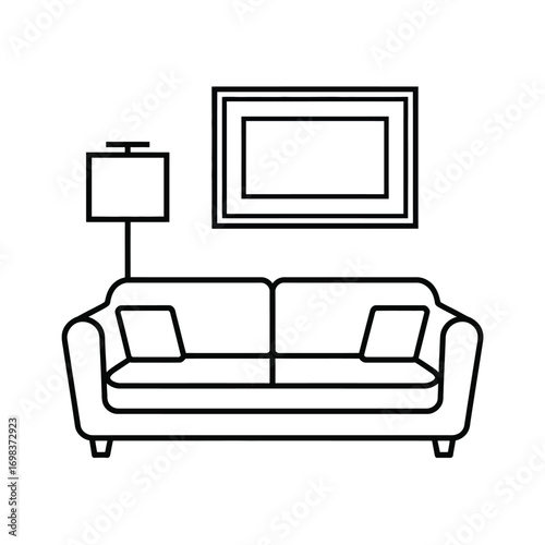 Simple black and white line drawing of a sofa lamp and framed art vector graphic silhouette vector illustration white background