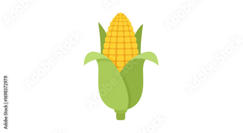Stylized Flat Design Ear of Corn with Yellow Kernels and Green Husks.