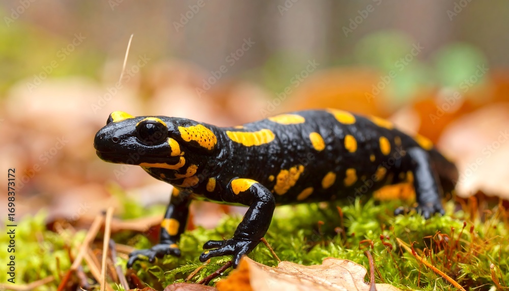 Fototapeta premium Fire salamander with bright yellow spots resting on vivid green moss