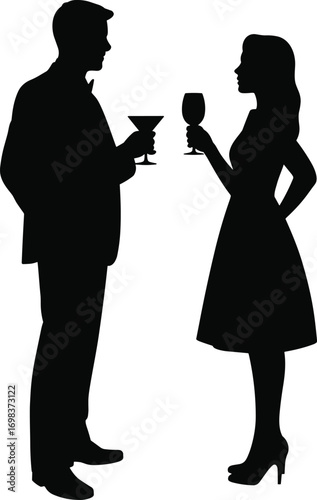 Silhouette of elegant man and woman toasting with glasses, romantic celebration, formal dress, evening event, love moment, festive atmosphere, couple silhouette
