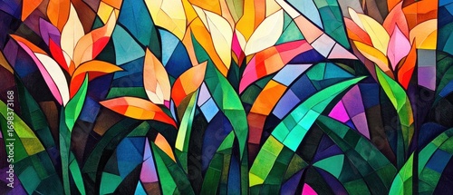 3D render of tropical leaves and bird of paradise flowers seamless pattern, vector illustration, flat design, colorful, high resolution, very detailed, no shadows, high details