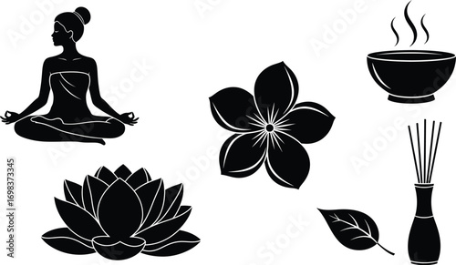 Serene silhouette of a woman meditating amidst symbols of tranquility, wellness, and relaxation.
