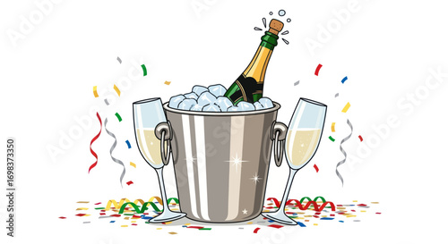 Festive Champagne Bottle in Ice Bucket with Two Glasses and Confetti.