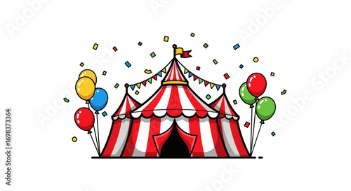 Red and White Striped Circus Tent with Balloons and Confetti Illustration.