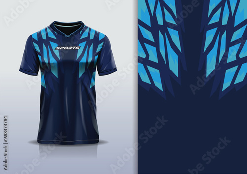 T-shirt mockup abstract broken glass jersey design for football, soccer, racing, esports, running, in navy blue color