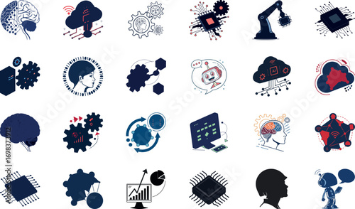 Human Head with AI Brain, Robotics Arm, Cloud Computing, Neural Network, Data Analytics Dashboard, Machine Learning Chip, Chatbot Communication, Smart Innovation, Future Technology and Digital Transfo