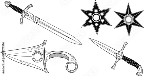 Collection of fantasy medieval weapons including swords and daggers