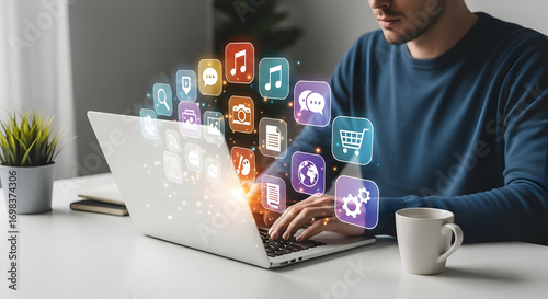 Laptop User Launching Cloud of App Icons: App Ecosystem, Multichannel Digital Services, Content Distribution, SaaS Integration, and Productivity Suite Visualized as Floating Application Badges from a 