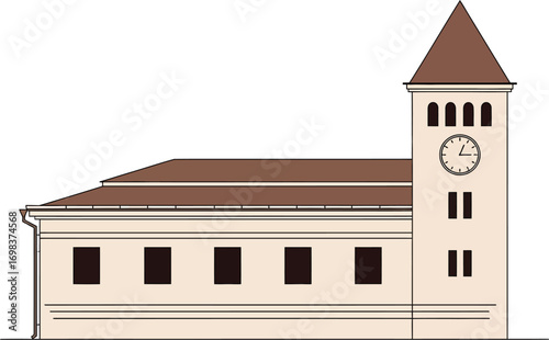 Classic building with a prominent clock tower stands against a white background, showcasing architectural detail.