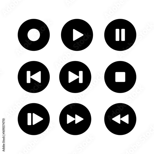Media Player Control Icons Set in Black Circle.Play, Pause, Stop, Forward, Rewind