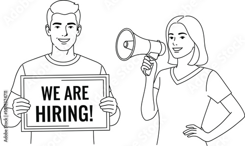 Two smiling people, one holding a "We Are Hiring!" sign and the other with a megaphone, announcing job opportunities.