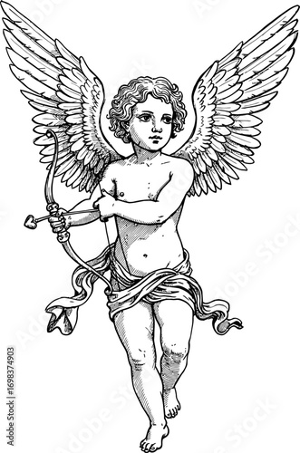 Vintage Illustration of a Cupid with a Bow and Arrow, Ready to Shoot Love's Messenger