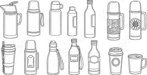 Collection of various insulated beverage containers and bottles, hand-drawn sketch style