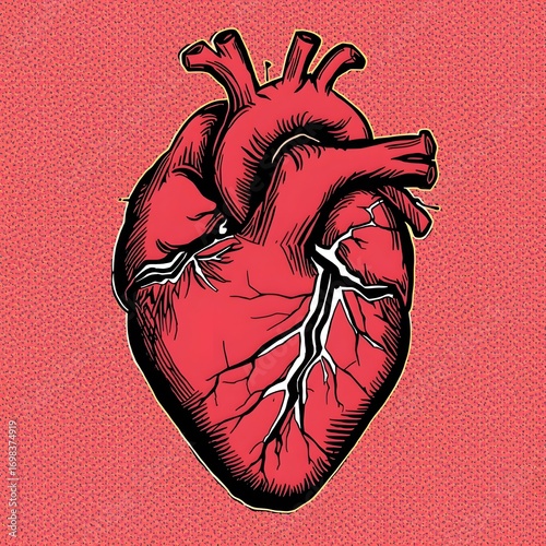 A bold pop art illustration of an anatomically accurate heart, cracked and distressed, set against a textured pink background. The design uses heavy black outlines and vivid red tones for dramatic con
