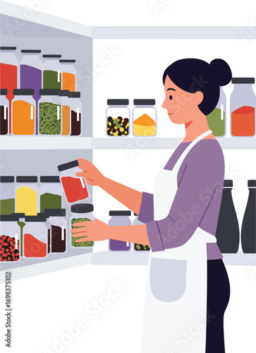 Woman organizing jars in kitchen pantry with apron and casual hairstyle vector illustration