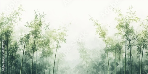 A Chinese style bamboo forest background wall painting, with many tall and thin green bamboo trees in the foreground, painted by an artist from China.