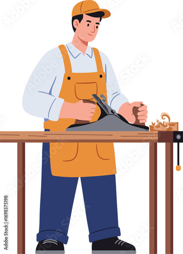 Carpenter working on woodworking project using hand planer in workshop with casual clothing and apron vector illustration