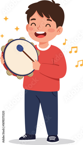 Boy playing tambourine happily with musical notes around cheerful music rhythm vector illustration