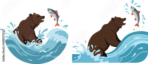 Brown bear catching salmon fish in blue ocean waves vector illustration set with water splash natural wildlife scene