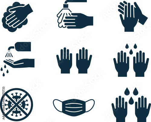 Hygiene icons for hand washing and virus protection, promoting health and safety.