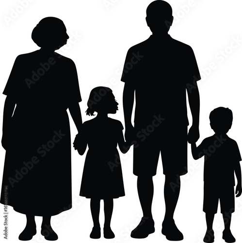 Silhouette of multigenerational family holding hands, grandmother, father, children, unity, togetherness, love, bonding, parenting, generational connection, outdoors
