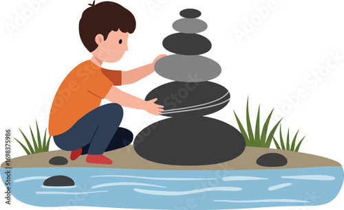 Boy stacking balanced stones on riverbank in peaceful nature scene with calm water and grass