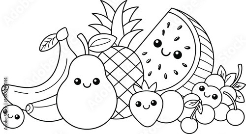 Cute kawaii fruit cartoon illustration, smiling fruits coloring page, happy fruit characters for kids, banana, watermelon, pear, cherry, strawberry 