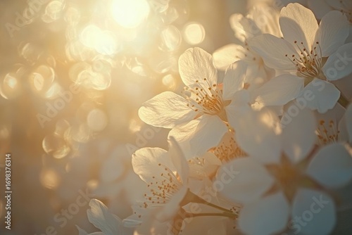 A close-up of delicate cherry blossoms in full bloom, with soft sunlight filtering through the petals.