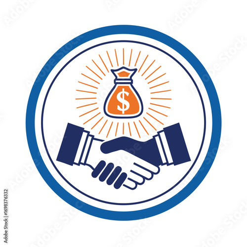 Blue and orange money bag icon with handshake and sunburst dollar symbol