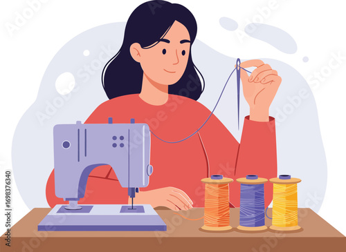 Woman sewing with thread and sewing machine creative hobby and craft activity at home workspace vector illustration