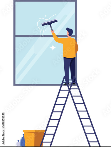 Man cleaning window with squeegee standing on ladder performing professional cleaning service vector illustration