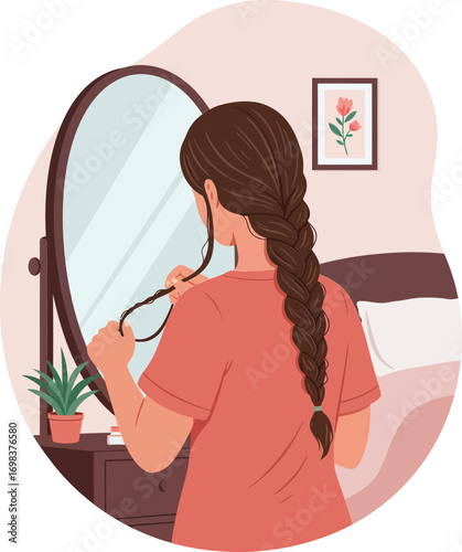 Woman with long braid hairstyle looking in mirror combing hair in cozy pink room vector illustration